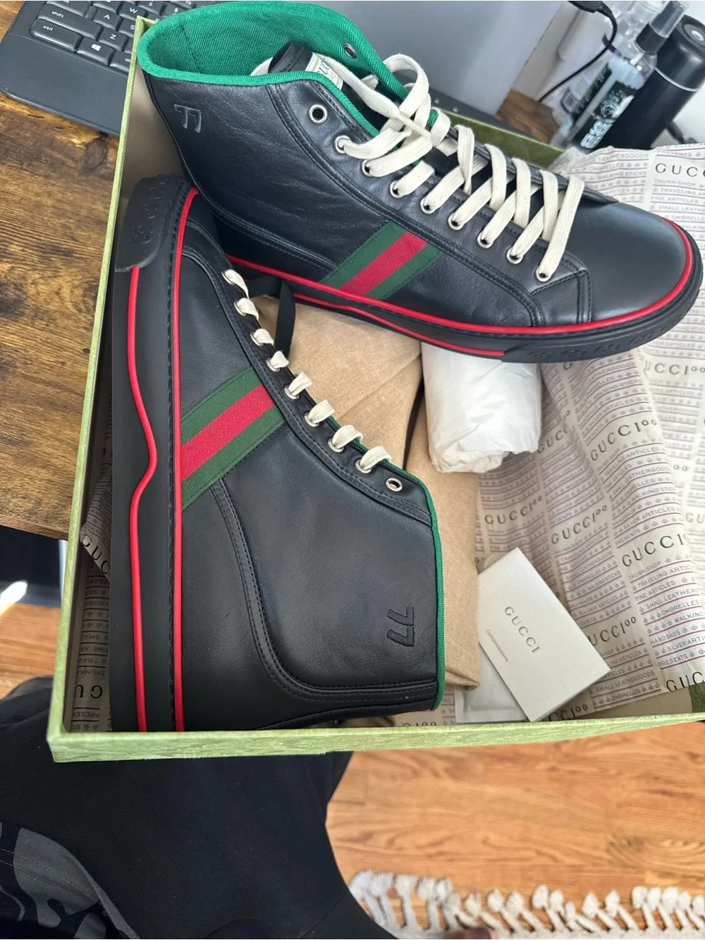 Gucci Black Leather High-Top Sneakers with Green & Red Stripe
